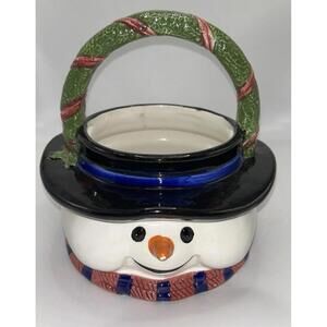 Ceramic Snowman Basket Large Home Trends 1990s Planter Candy Bowl Flower Vase
